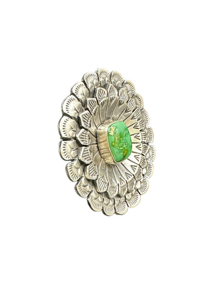 Large Round Cabochon Ring  – Multi Layer Floral Sterling Silver and Genuine Turquoise -  Authentic Handmade Native American – Leroy James