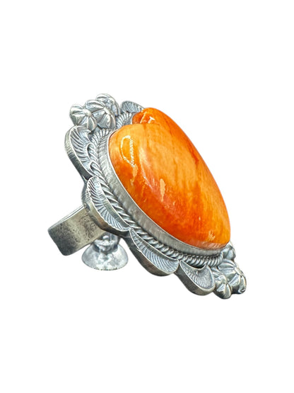 Large Heart Cabochon Ring  – Sterling Silver and Genuine Spiny Oyster -  Authentic Handmade Native American – Kevin Billah
