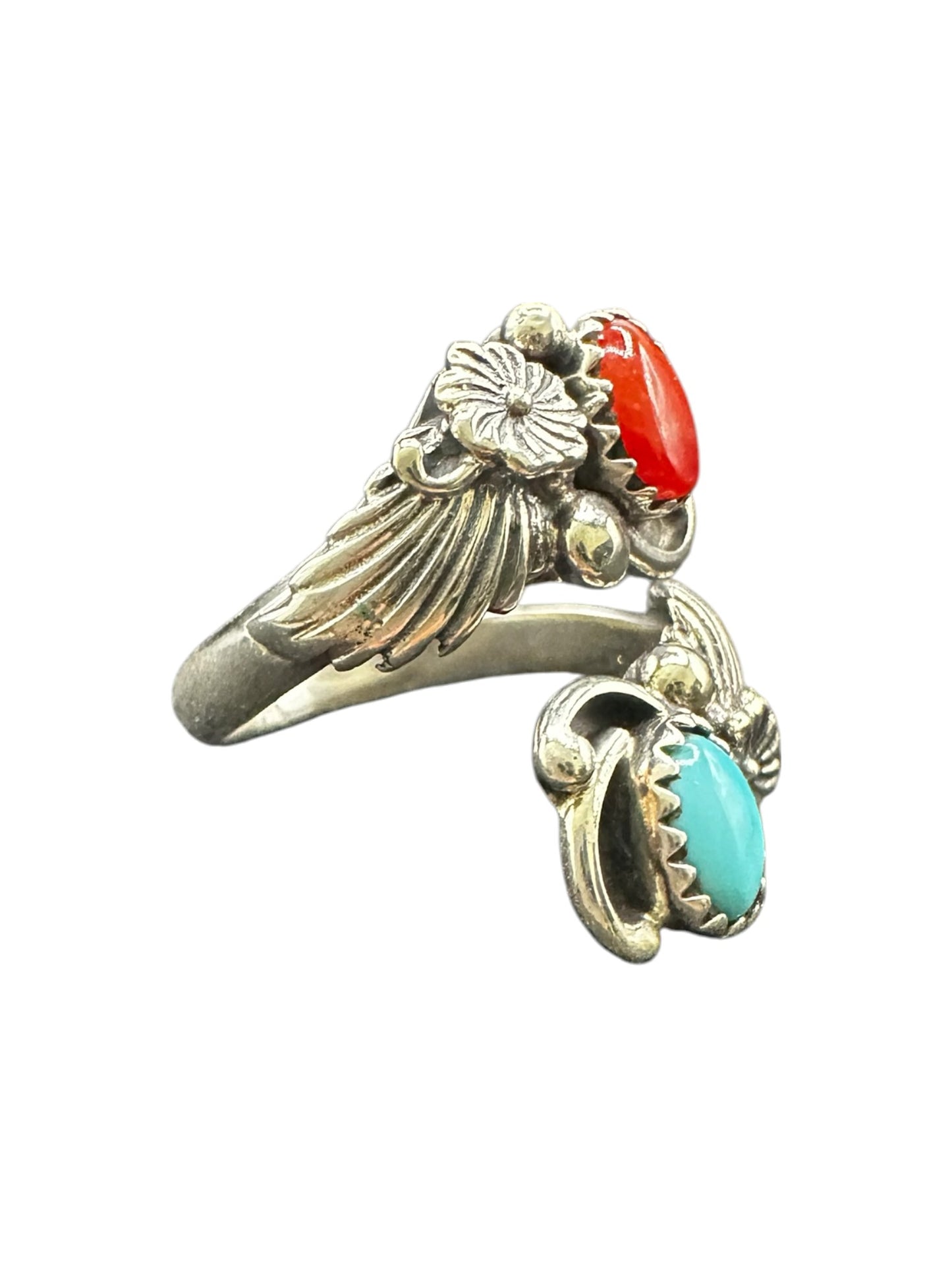 Small Leaf Cabochon Ring  – Sterling Silver and Genuine Turquoise and Genuine Coral -  Authentic Handmade Native American