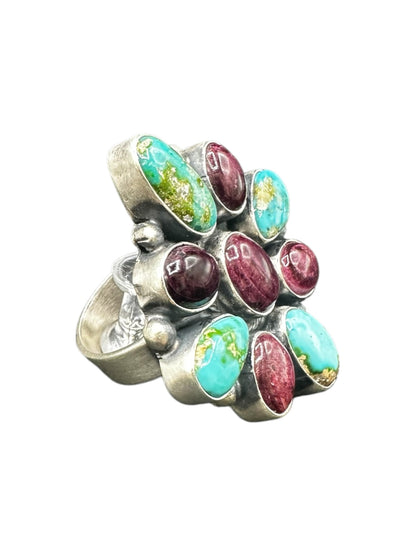 Medium Multi Stone Cluster Ring - Sterling Silver, Genuine Turquoise and Spiny Oyster – Handmade Native American – Sharon Francisco