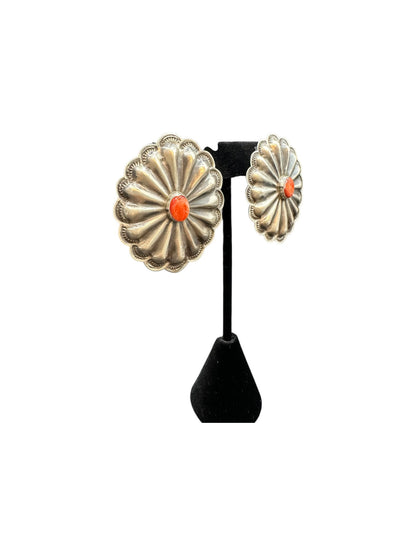 Large Concho Earrings - Sterling Silver and Genuine Spiny Oyster - Handmade by Jessie Claw