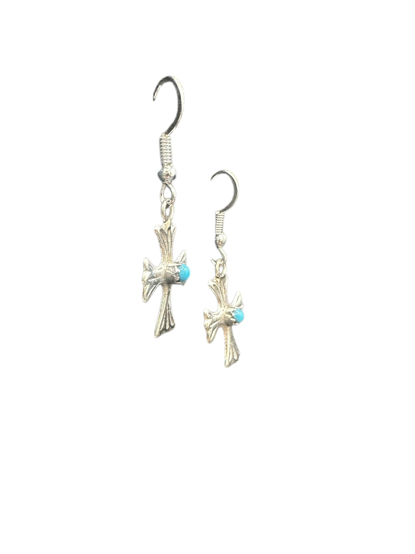 Small Cross Hook Dangle Earrings – Sterling Silver and Genuine Sleeping Beauty Turquoise -  Authentic Native American Handmade - American Sterling Silver - Made in USA