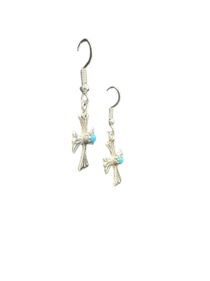 Small Cross Hook Dangle Earrings – Sterling Silver and Genuine Sleeping Beauty Turquoise -  Authentic Native American Handmade - American Sterling Silver - Made in USA