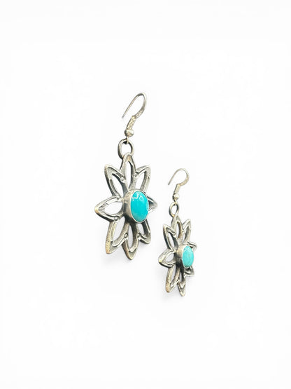 Medium Star Floral Hook Dangle Earrings – Sterling Silver and Genuine Turquoise -  Authentic Native American Handmade – Kevin Billah - Made in USA
