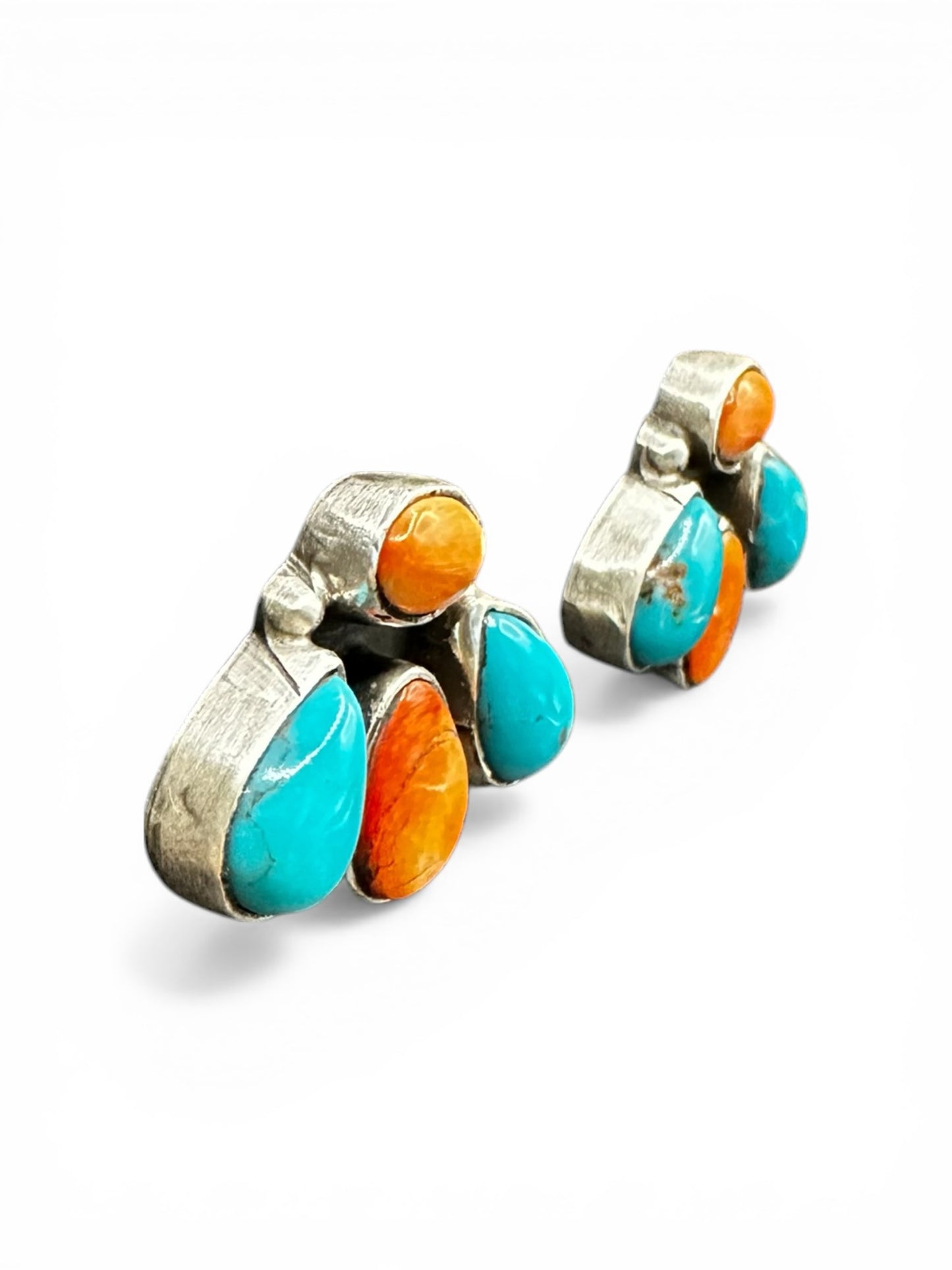 Medium Quarter Cluster Stud Earrings – Sterling Silver,  Genuine Turquoise and Spiny Oyster -  Authentic Native American Handmade – Marcella James - Made in USA
