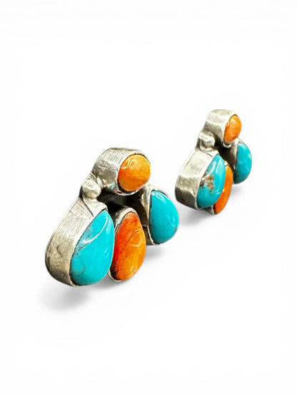 Medium Quarter Cluster Stud Earrings – Sterling Silver,  Genuine Turquoise and Spiny Oyster -  Authentic Native American Handmade – Marcella James - Made in USA