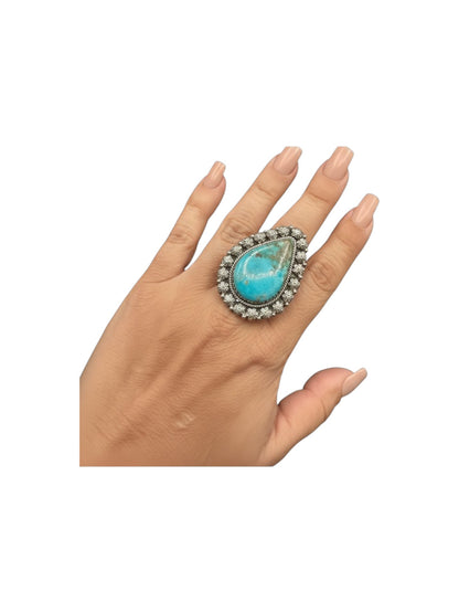 Large Pear-Cut or Wide Teardrop Ring  – Sterling Silver and Genuine Turquoise Ring -  Artisan Collection - Made in USA