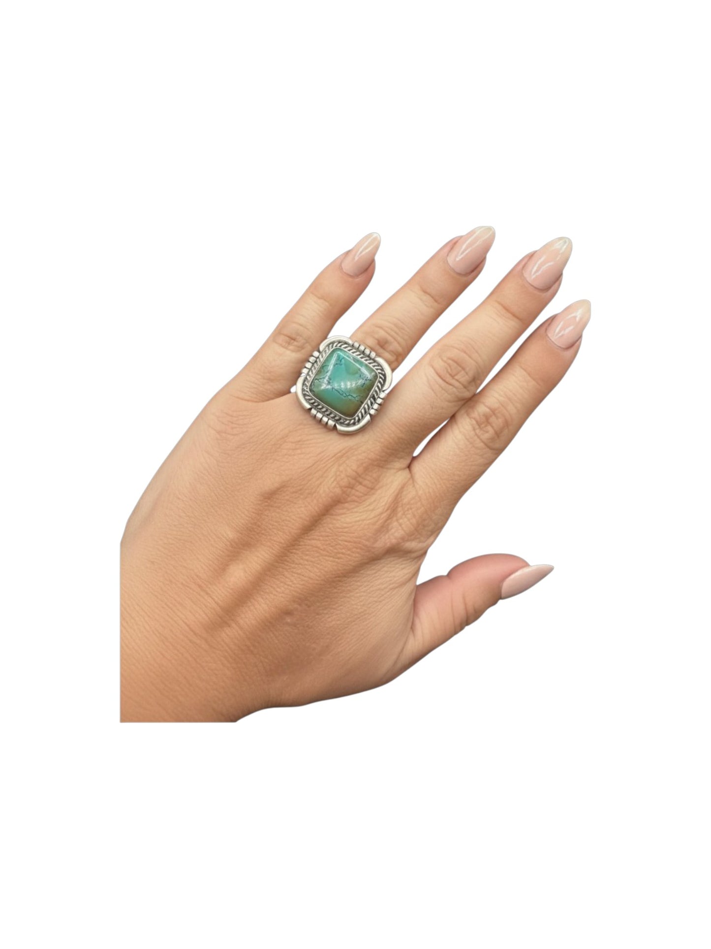 Medium Square Cabochon Ring  – Sterling Silver and Genuine Turquoise Ring -  Authentic Handmade Native American – John McCray