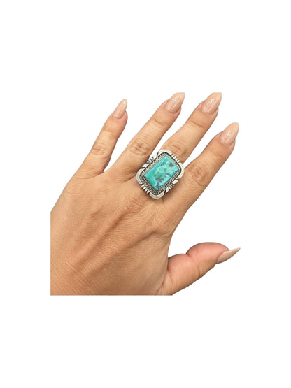 Medium Rectangle Cabochon Ring  – Sterling Silver and Genuine Turquoise Ring -  Authentic Handmade Native American – John McCray