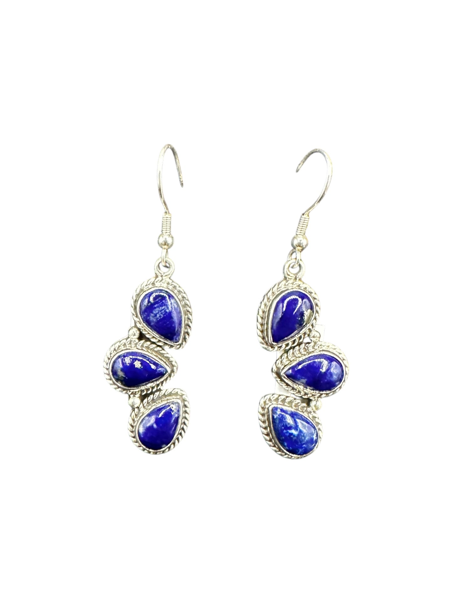 Cascading Teardrop Dangle Hook Earrings - Sterling Silver & Genuine Lapis - Artisan Collection