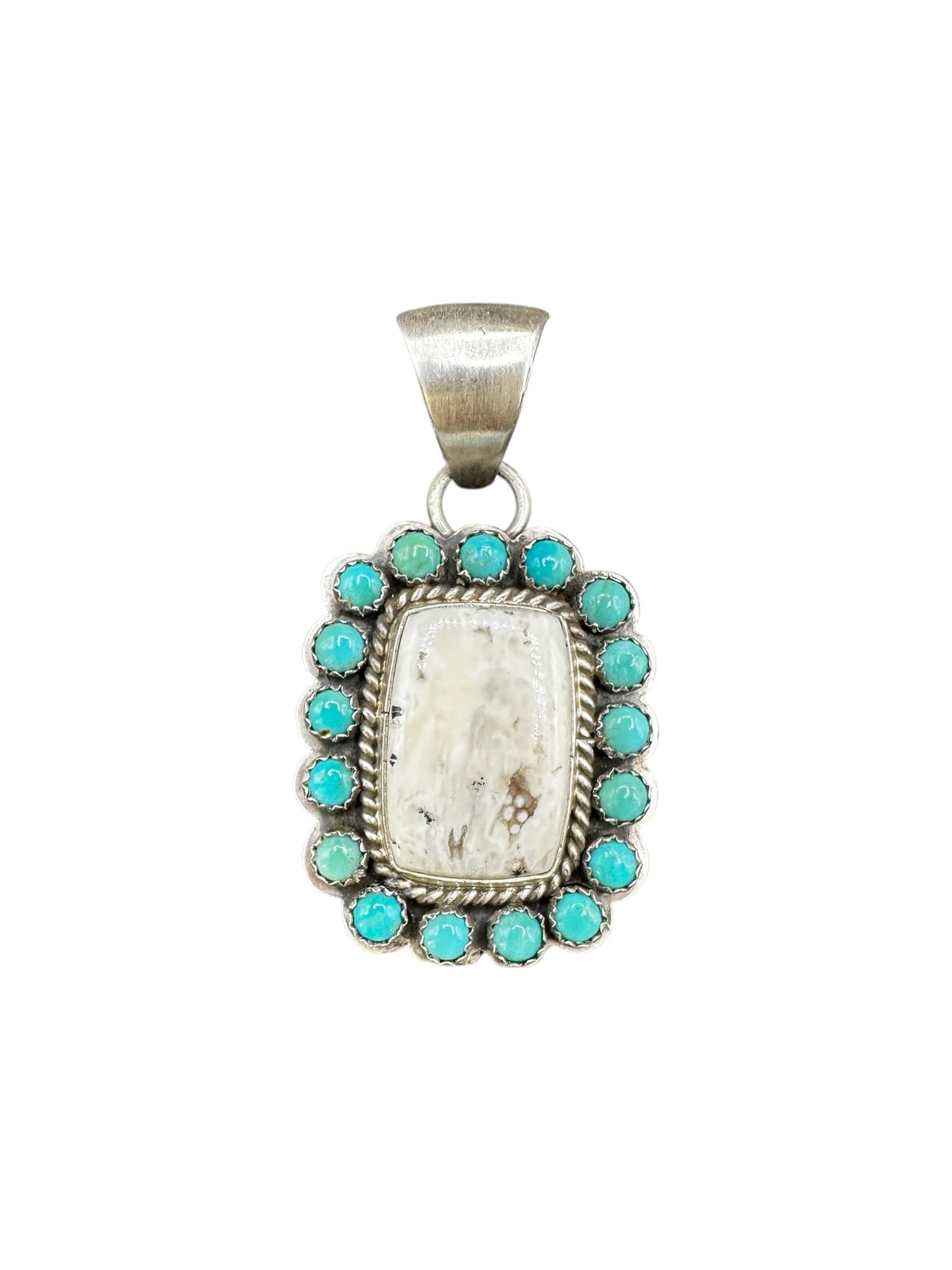 Square White Buffalo Cabochon Pendant with Multi Stone Turquoise Frame - Handcrafted Native American - Spencer Collection