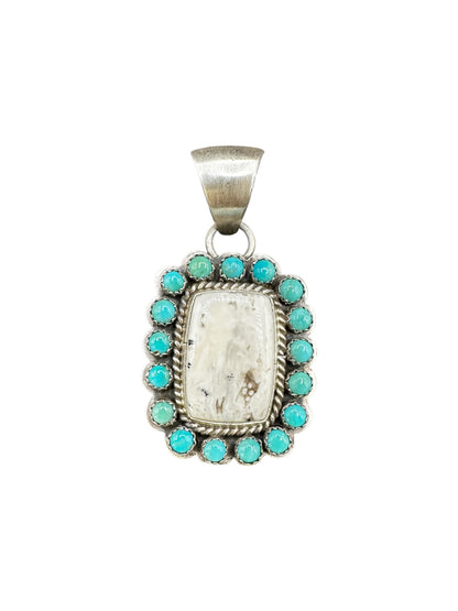 Square White Buffalo Cabochon Pendant with Multi Stone Turquoise Frame - Handcrafted Native American - Spencer Collection