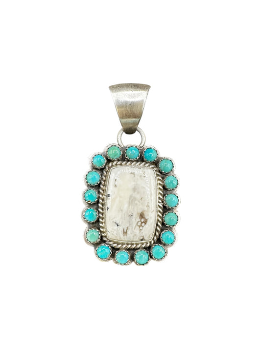 Square White Buffalo Cabochon Pendant with Multi Stone Turquoise Frame - Handcrafted Native American - Spencer Collection