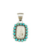 Square White Buffalo Cabochon Pendant with Multi Stone Turquoise Frame - Handcrafted Native American - Spencer Collection