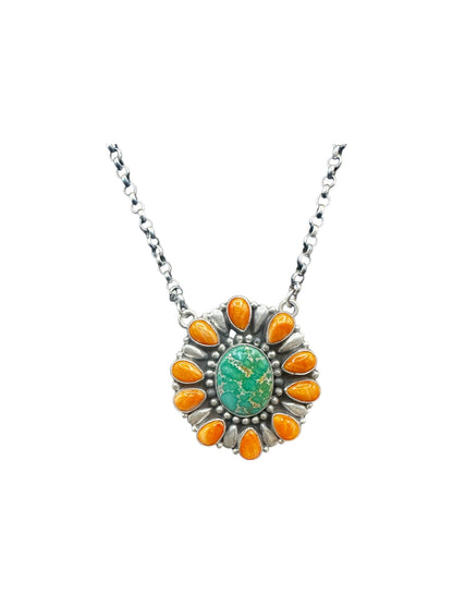 Geraldine James - Cluster Pendant w. Chain Necklace - Genuine Turquoise, Spiny Oyster & Sterling Silver - Handcrafted Native American