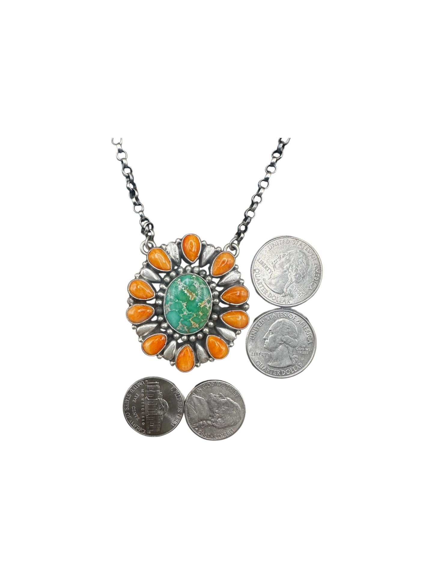 Geraldine James - Cluster Pendant w. Chain Necklace - Genuine Turquoise, Spiny Oyster & Sterling Silver - Handcrafted Native American