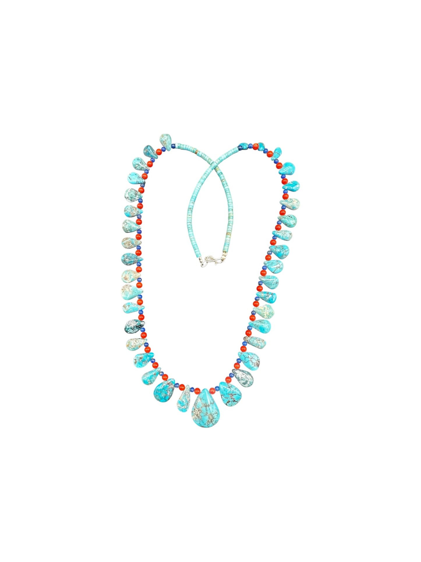 Teardrop Heishi 24" Necklace - Genuine Turquoise, Coral & Lapis Pearls  - Handmade Native American