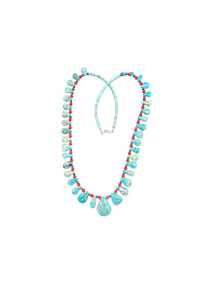 Teardrop Heishi 24" Necklace - Genuine Turquoise, Coral & Lapis Pearls  - Handmade Native American