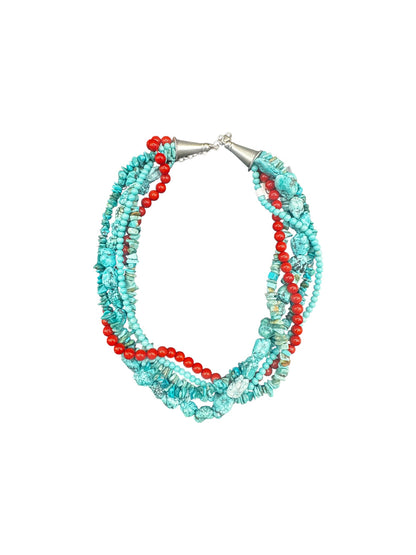 5 Strand Multi Color Necklace – Genuine Turquoise & Red Coral  - Hand Strand Artisan Collection