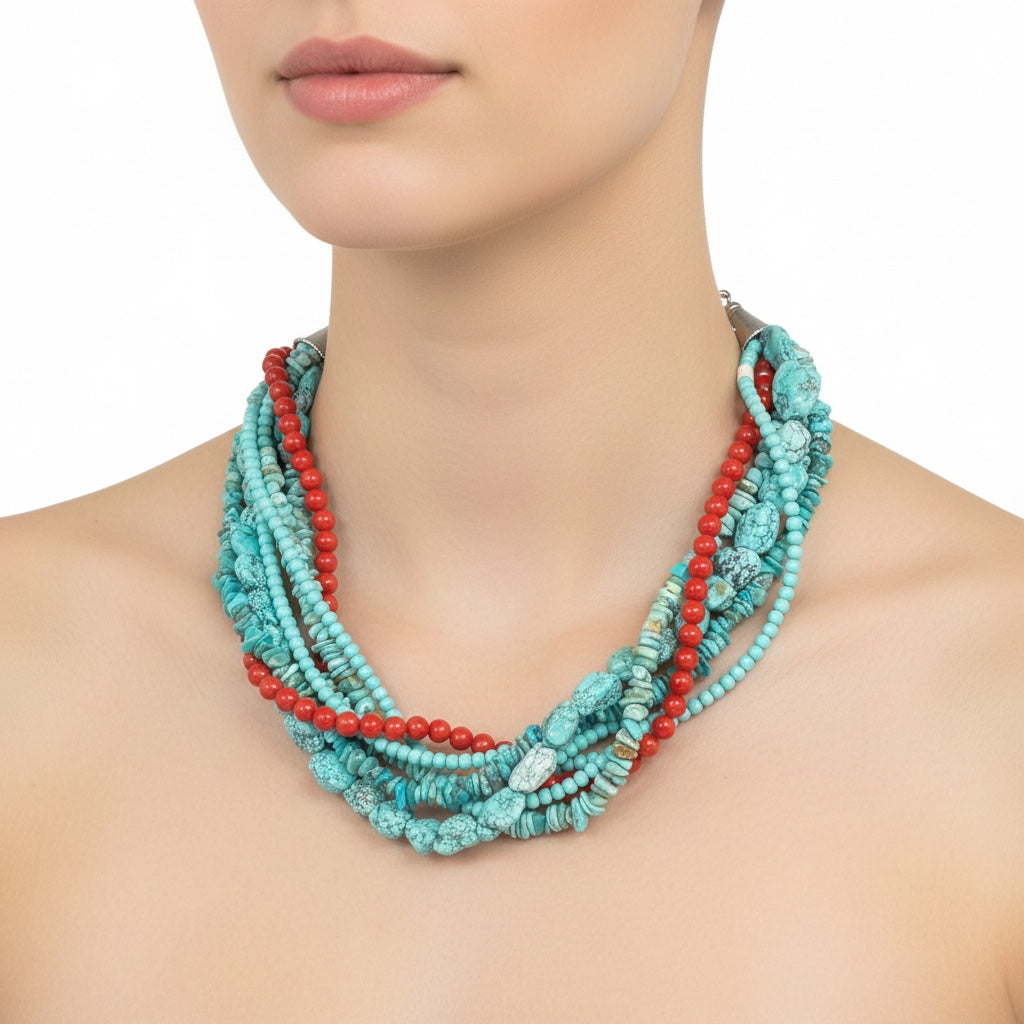 5 Strand Multi Color Necklace – Genuine Turquoise & Red Coral  - Hand Strand Artisan Collection