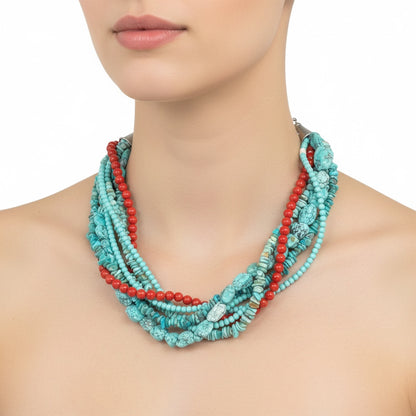5 Strand Multi Color Necklace – Genuine Turquoise & Red Coral  - Hand Strand Artisan Collection
