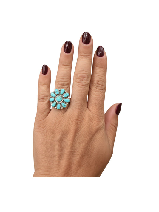 Medium Multi Stone Cluster Ring  – Sterling Silver & Genuine Turquoise -  Authentic Handmade Native American by Jennifer Begay