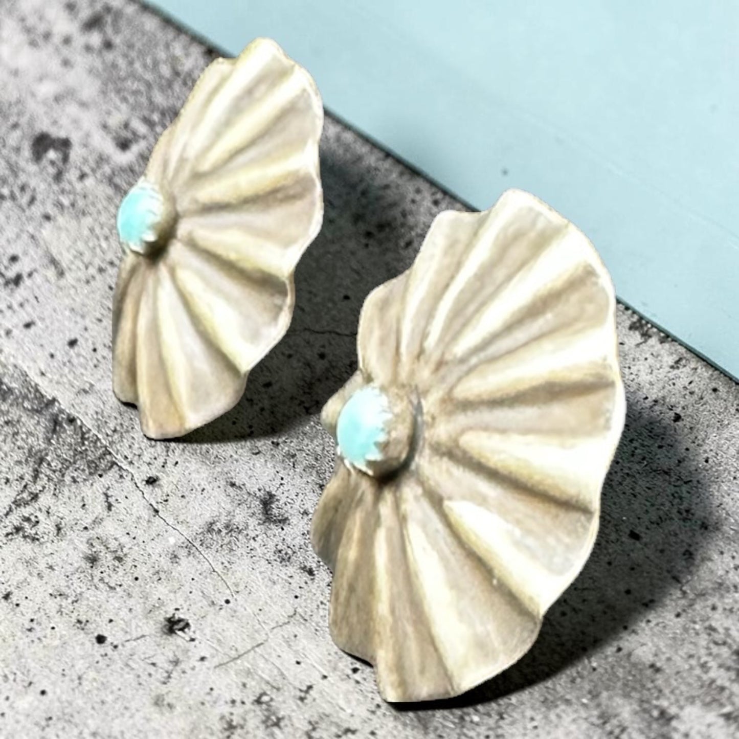 Medium Concho Stud  Earrings - Sterling Silver & Genuine Kingman Turquoise - Handmade Artisan Collection