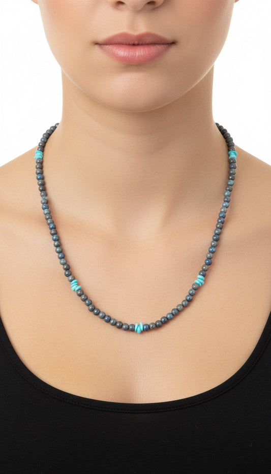 4MM Pearl Necklace - Genuine Lapis with Turquoise Nuggets - Hand Strung Artisan Collection