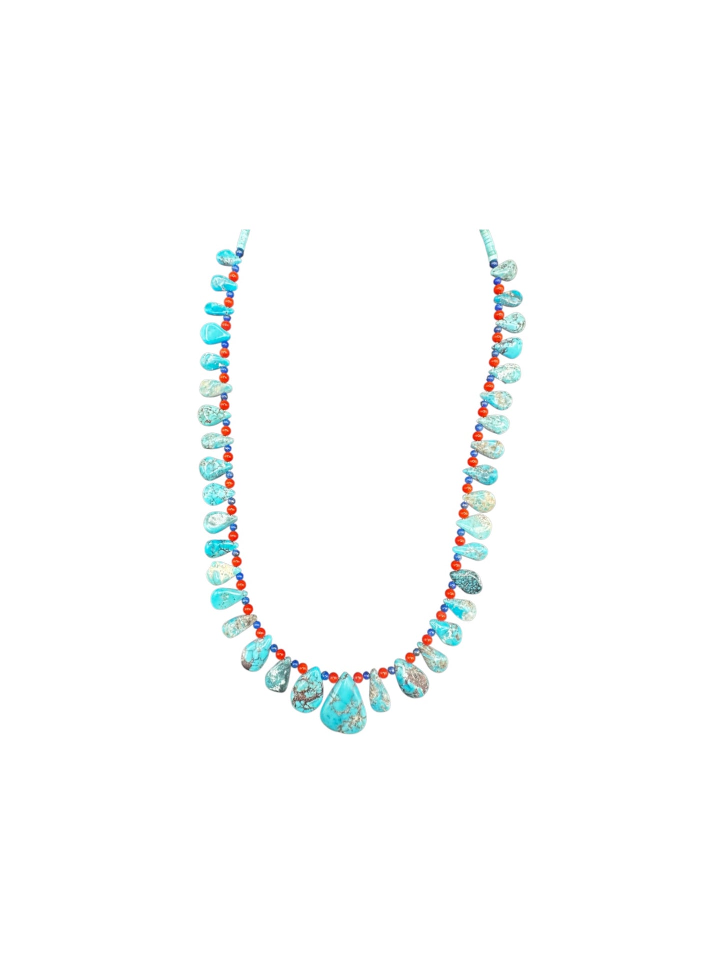 Teardrop Heishi 24" Necklace - Genuine Turquoise, Coral & Lapis Pearls  - Handmade Native American