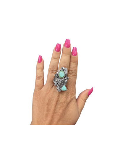 Medium Crawler Ring - Sterling Silver & Sonoran Turquoise - Handmade Native American by Harry B Yazzie (HBY)