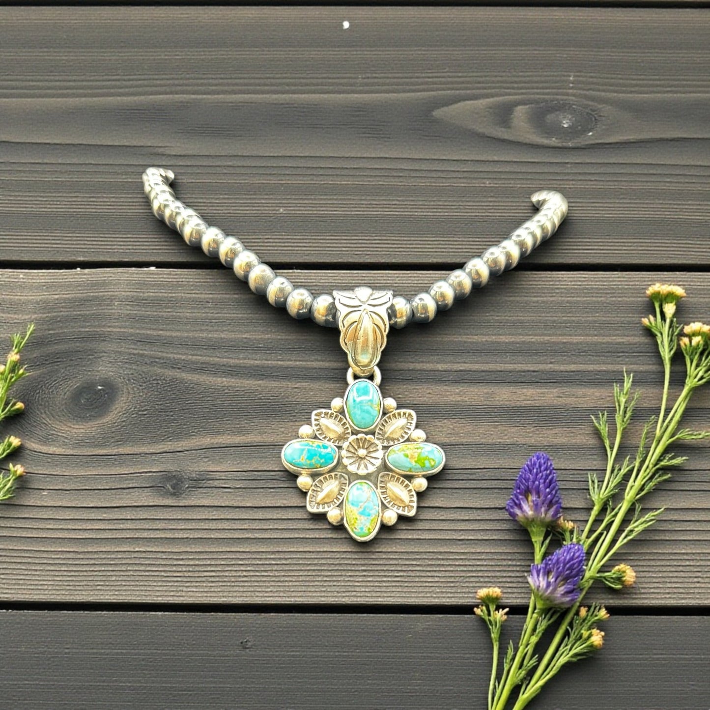 Floral Pendant - Turquoise and Sterling Silver  - Charles Johnson - Handcrafted Native American