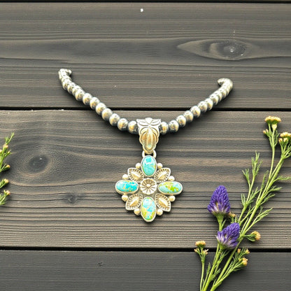 Floral Pendant - Turquoise and Sterling Silver  - Charles Johnson - Handcrafted Native American