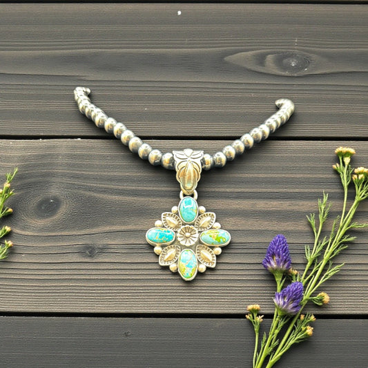 Floral Pendant - Turquoise and Sterling Silver  - Charles Johnson - Handcrafted Native American