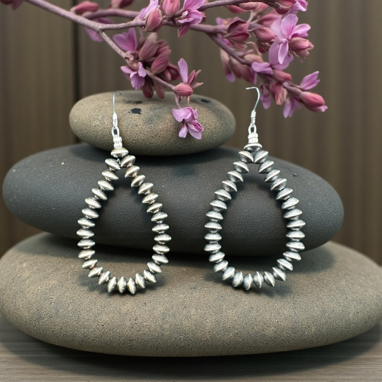 Teardrop - 5MM Saucer Beads - Oxidized Sterling Silver Dangle Earrings - Hand Strung