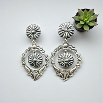 Large Concho Cut Out Earrings – Sterling Silver Hand Stamped - Authentic Native American Handmade – Eugene Charley - Made in USA