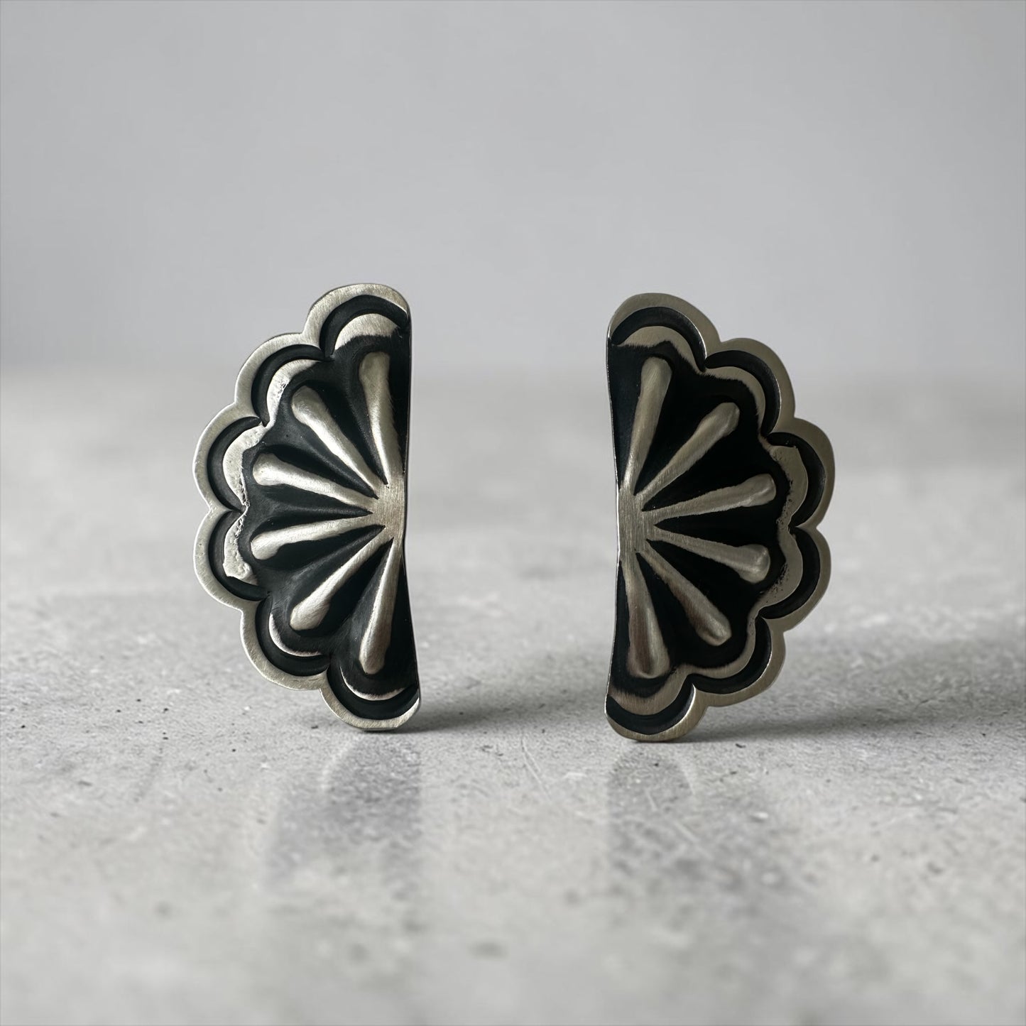 Leander Tahe - Sterling Silver Half Concho Medium Stud  Earrings - Native American