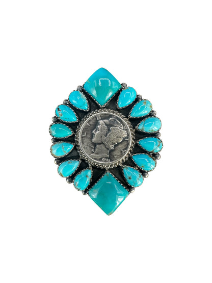 Ann Spencer - 1943 Coin & Cluster Statement Ring - Genuine Turquoise - Handmade Native Navajo