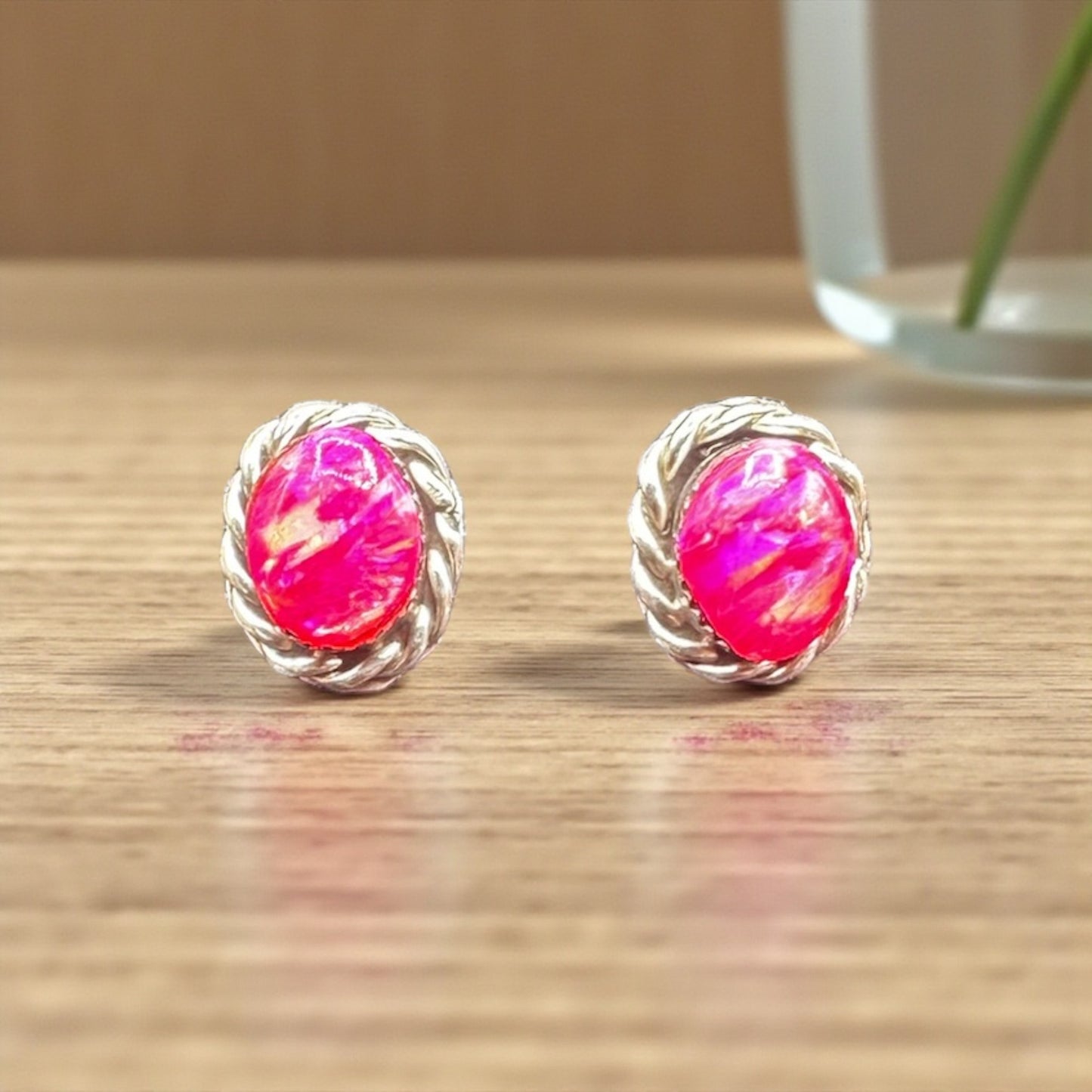 Fire Opal Iridescent Pink & Sterling Silver Stud Earrings - Handmade Zuni Native American
