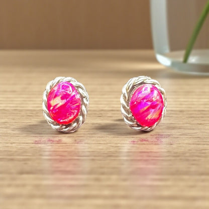 Fire Opal Iridescent Pink & Sterling Silver Stud Earrings - Handmade Zuni Native American