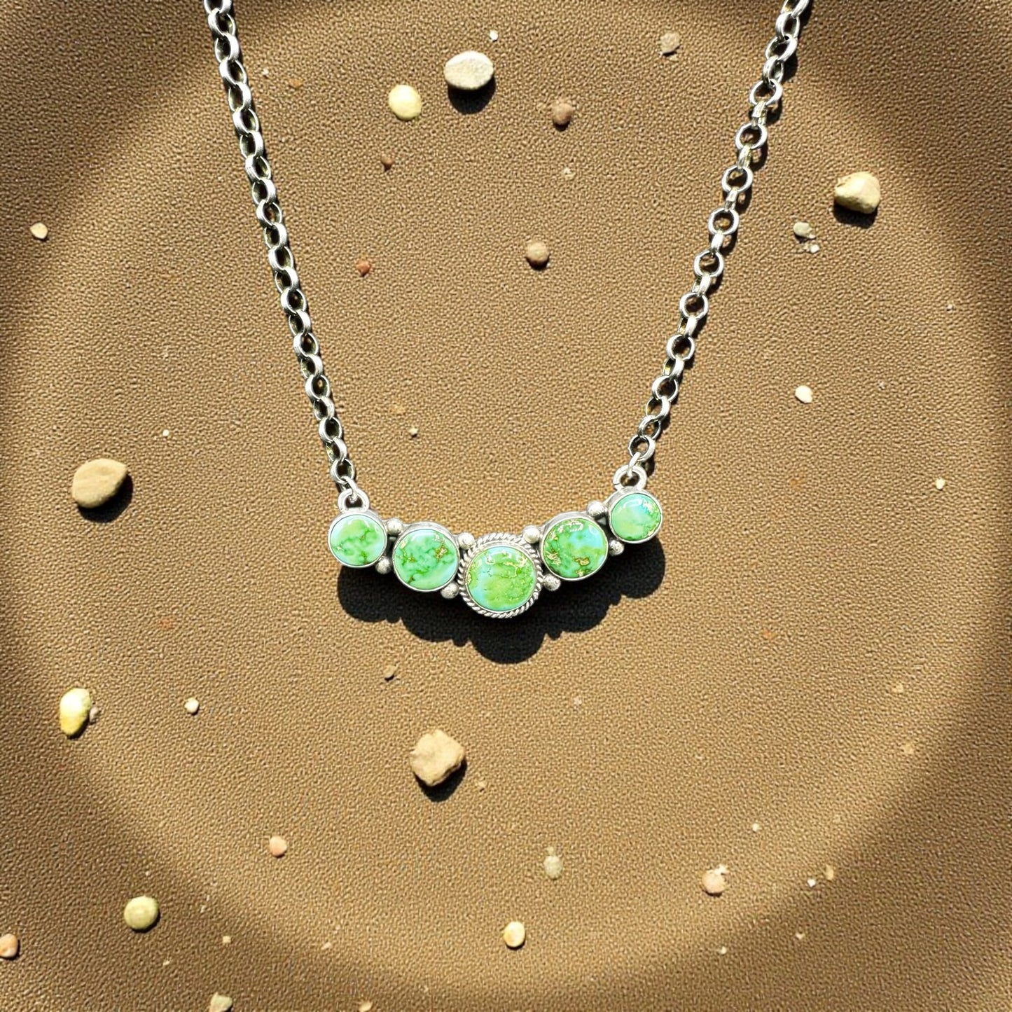 Bar Necklace – Round Turquoise and Sterling Silver - 18” Chain Link – Russell Sam