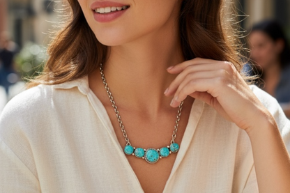 Bar Necklace – Round Turquoise and Sterling Silver - 18” Chain Link – Russell Sam