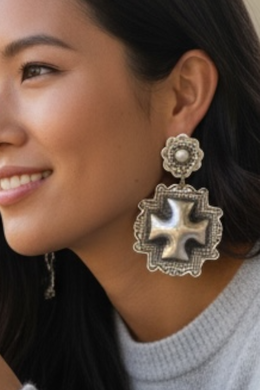 Leander Tahe - Sterling Silver Concho Cross - Drop Earrings - Handcrafted Native American