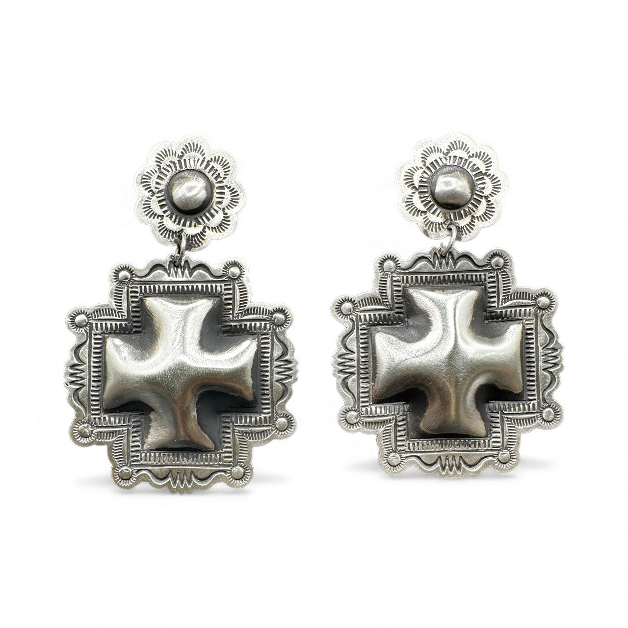 Leander Tahe - Sterling Silver Concho Cross - Drop Earrings - Handcrafted Native American