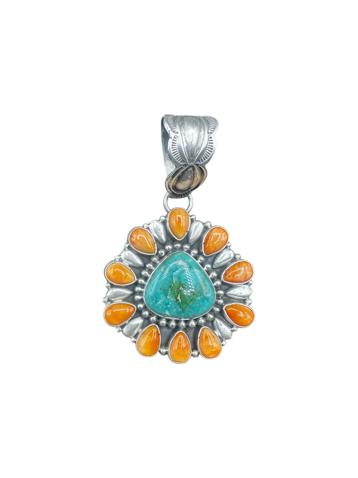 Geraldine James - Cluster Pendant - Genuine Turquoise, Spiny Oyster & Sterling Silver - Handcrafted Native American