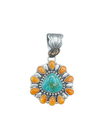 Geraldine James - Cluster Pendant - Genuine Turquoise, Spiny Oyster & Sterling Silver - Handcrafted Native American