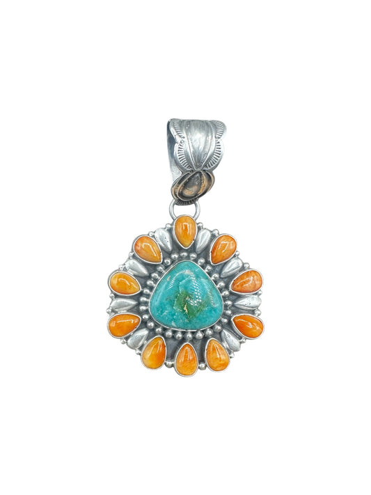 Geraldine James - Cluster Pendant - Genuine Turquoise, Spiny Oyster & Sterling Silver - Handcrafted Native American