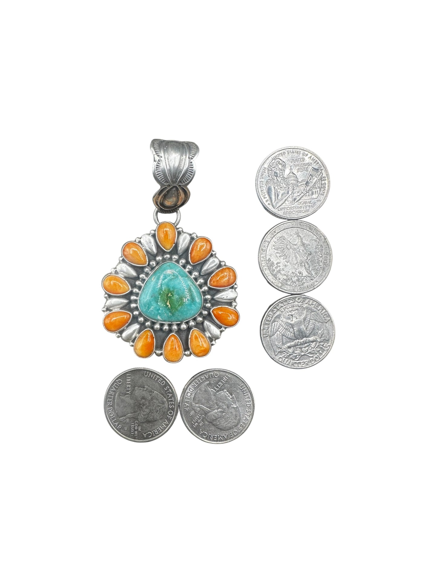 Geraldine James - Cluster Pendant - Genuine Turquoise, Spiny Oyster & Sterling Silver - Handcrafted Native American