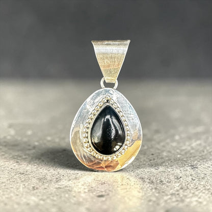 Ella Peter - Medium Teardrop Cabochon Pendant - Sterling Silver & Genuine Black Onyx - Handmade Native American