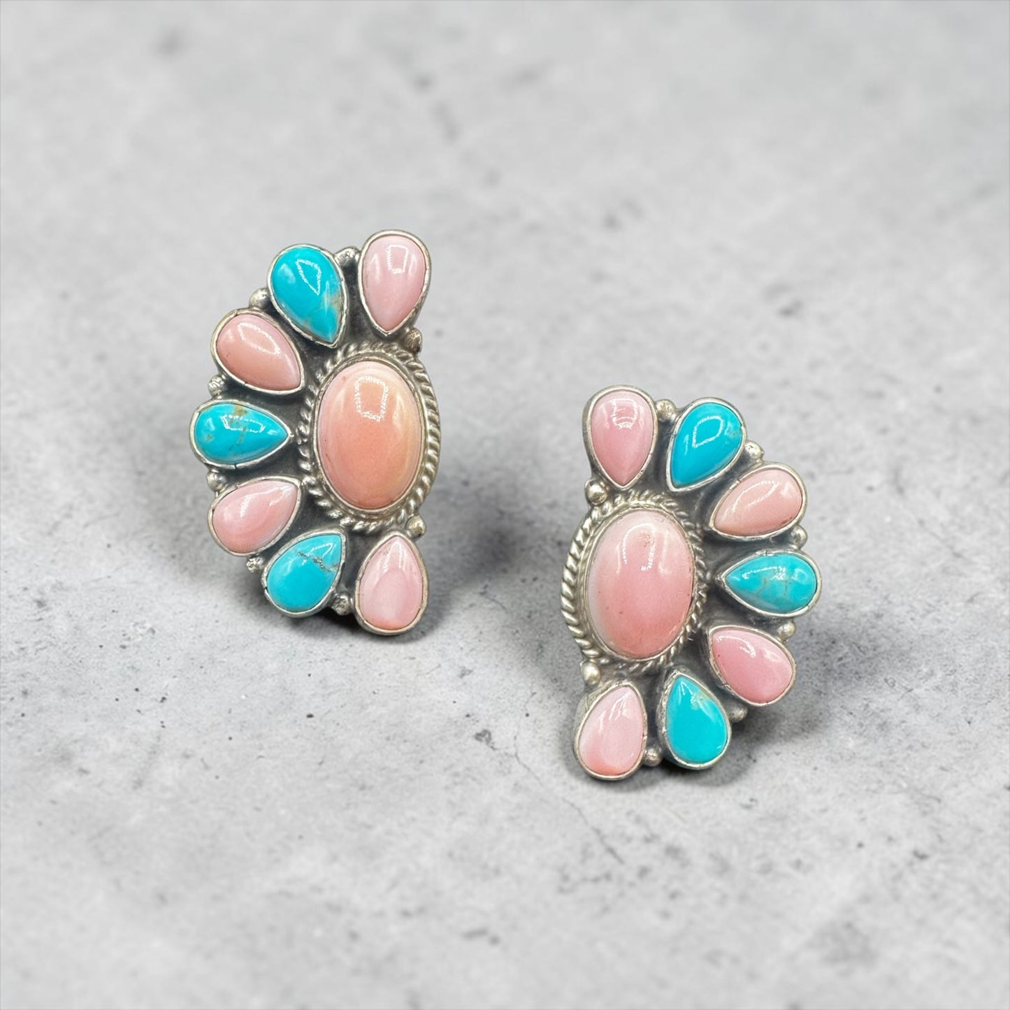 Large Quarter Cluster Stud Earrings – Sterling Silver,  Genuine Turquoise and Queen Pink Conch -  Native American Handmade by Marcella James