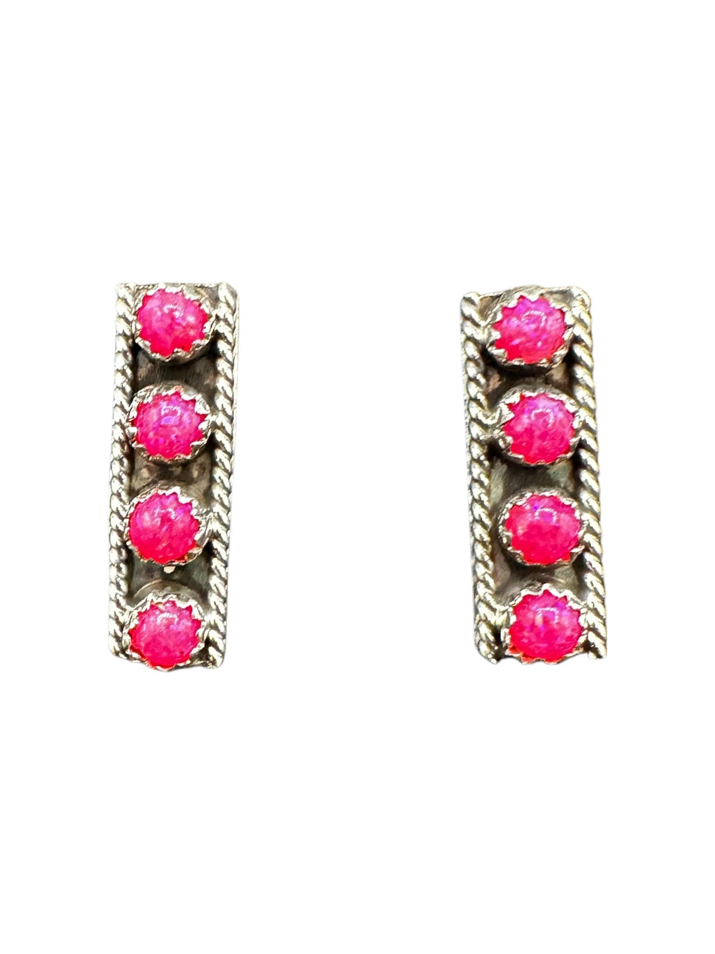 Small Rectangle Zuni Inlay Stud Earrings - Sterling Silver & Genuine Pink Fire Opal - Handmade Native American